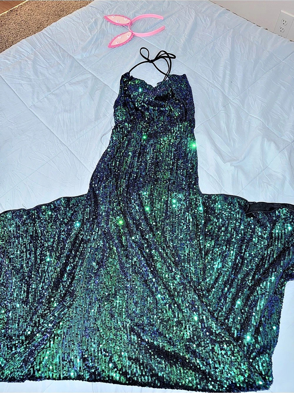 Fashion Nova Always VIP Sequin Maxi Dress Green & Blue Medium